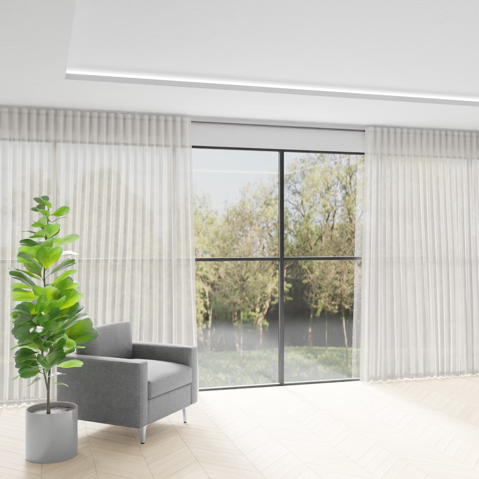 Emma mink semi-transparent curtains displayed in a living area of a home.