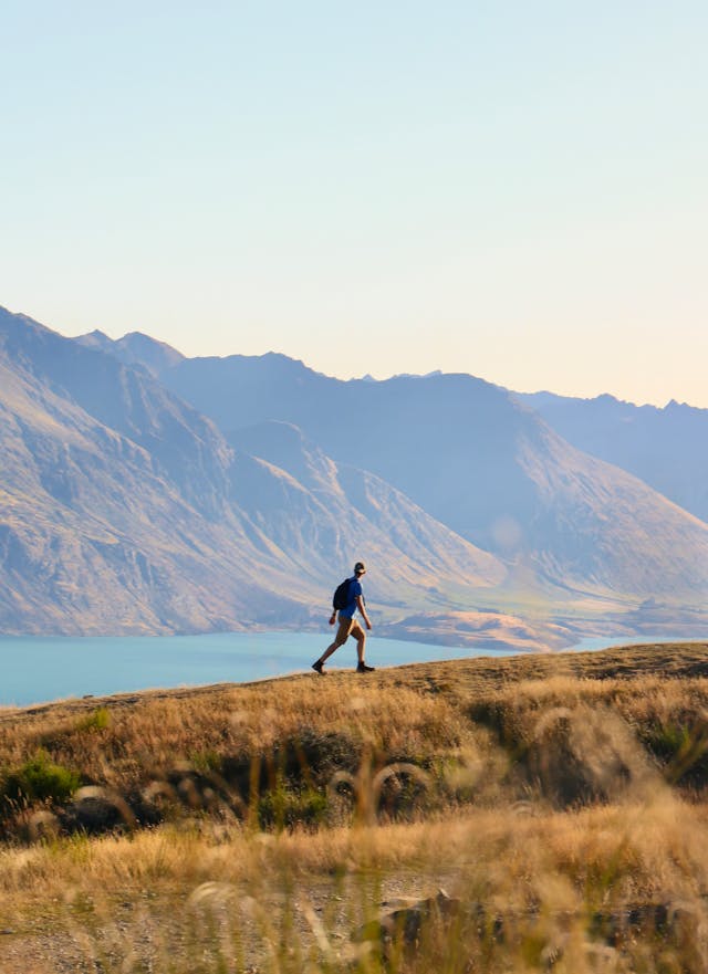 Man walking along New Zealand skyline, depicting the sustainable ambitions of the custom curtains & blinds by Design Curtains.